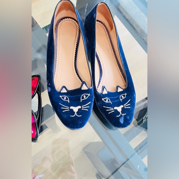 Charlotte Olympia Sleeping Kitty Flats 41 Blue Velvet - Picture 1 of 4